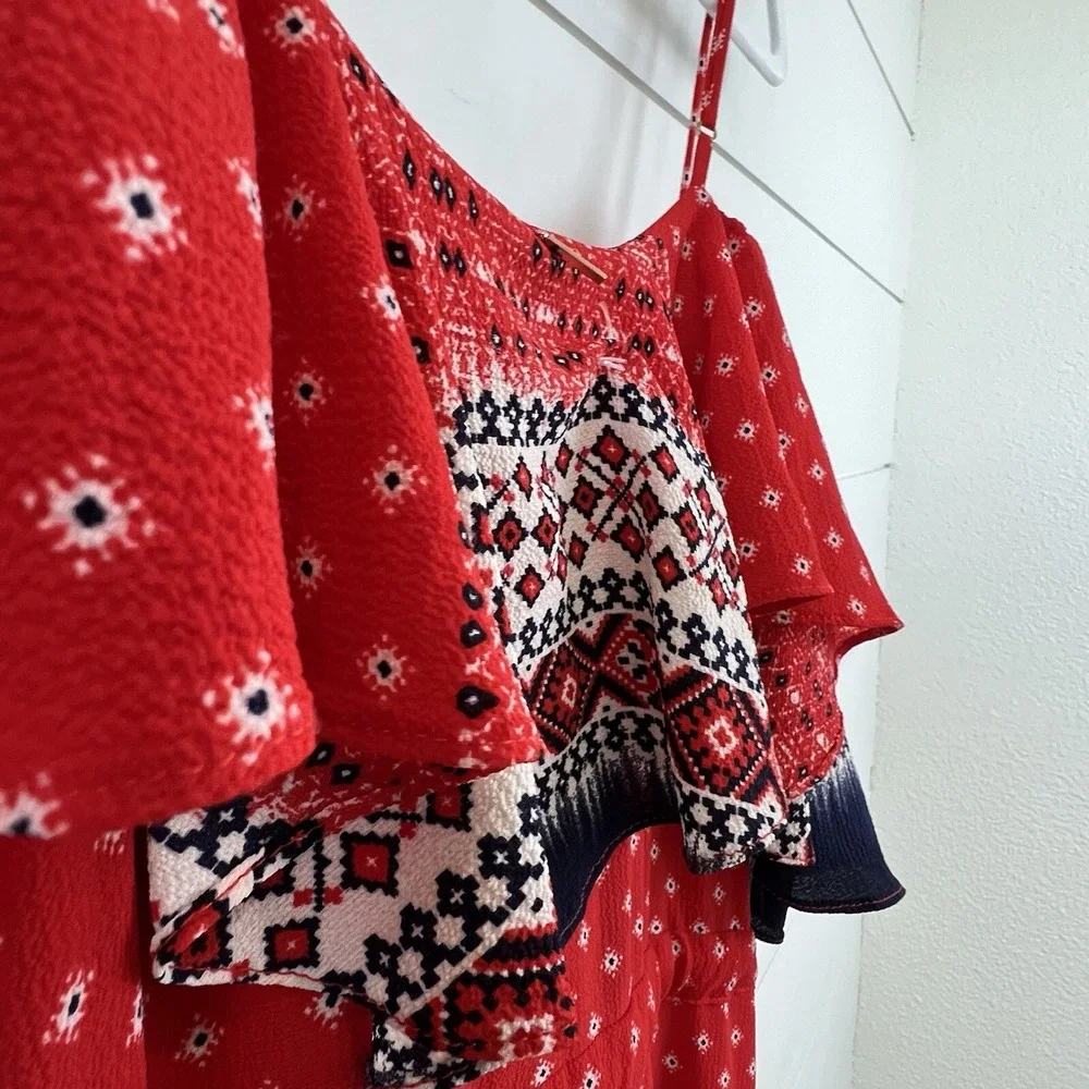 NWT‎ MISA Los Angeles Larsen Midi Dress Women XS Red Boho Cold Shoulder Ruffle